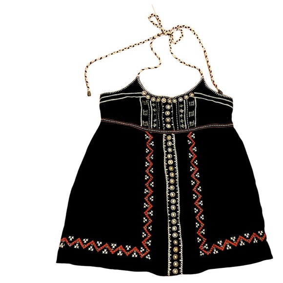 Forever 21 Tops - Forever 21 boho halter top black elastic back wood metal beads embroidery Medium